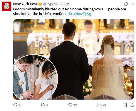 新娘蕾貝卡大方一笑化解尷尬，成為婚禮難忘回憶。（圖／翻攝自X）