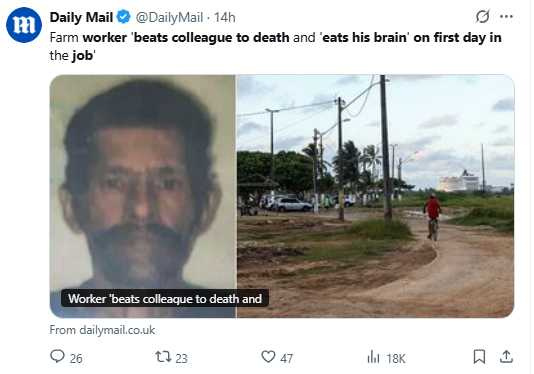 涉案男子路易斯・特謝拉首日上工,疑與同事口角後持木棍將其毆死。(圖/翻攝自X,@DailyMail)