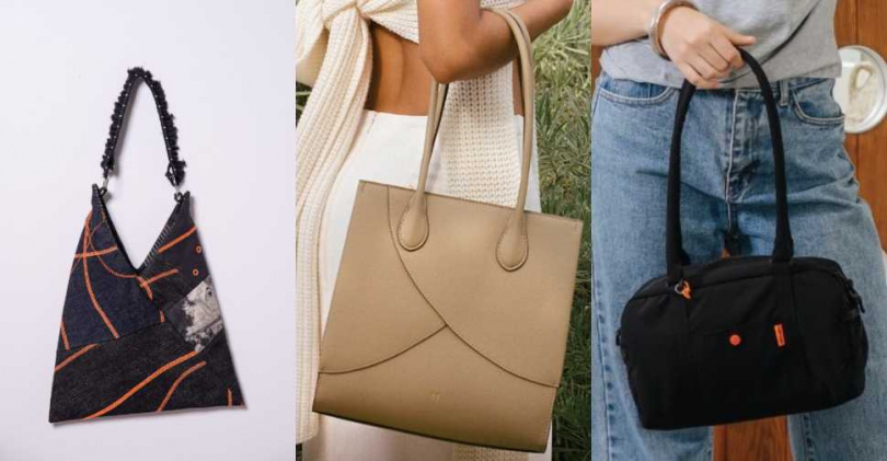 由左至右：REHOW設計師Jenn Lee聯名限量丹寧拼接包；SOULMATTE仙人掌純素皮革斜背包；japfac環保尼龍肩背包（圖／Pinkoi）