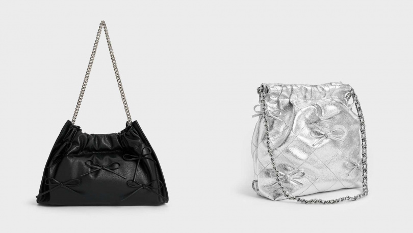 CHARLES & KEITH冬日限定 蝴蝶結酷甜肩背包(黑色)/2,390元,冬日限定 蝴蝶結酷甜流浪包(銀色)/2,790元(圖/品牌提供)