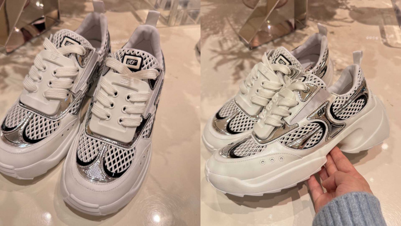 銀白金屬皮革拼接白扣休閒鞋（台灣日本獨家）／41600元（圖／記者拍攝）