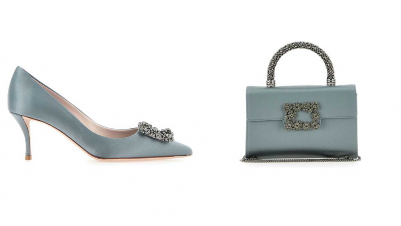 Flower Strass 莫蘭迪綠緞面綠色花鑽高跟鞋／78200元，莫蘭迪綠緞面綠色花鑽珠包／120000元（圖／品牌提供）