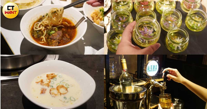 「沙茶牛肉麵」(左上起順時針)、甜點「果凍花」、現拉啤酒、「鹹豆漿」。(圖/魏妤靜攝)