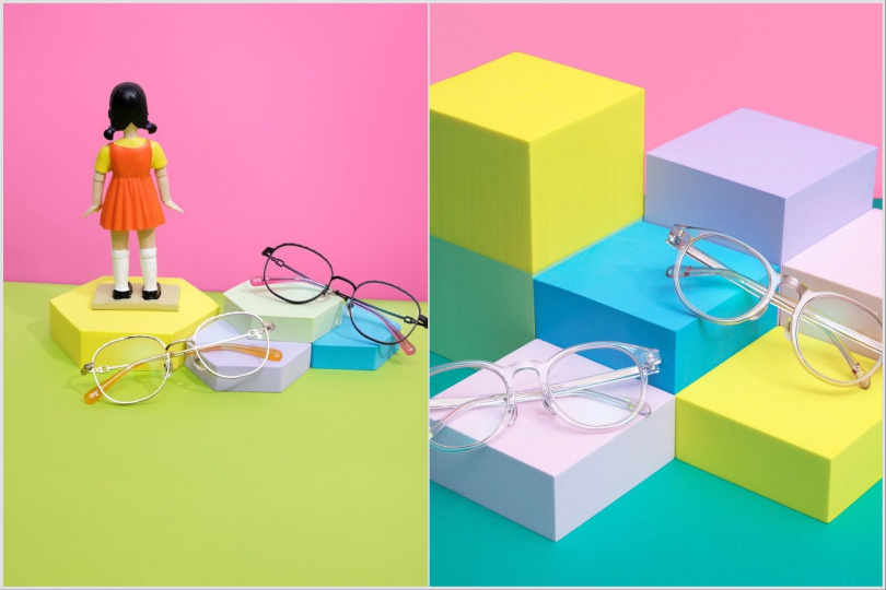 (左)OWNDAYS × 魷魚遊戲「英熙」款眼鏡/3,990元,(右)OWNDAYS × 魷魚遊戲「階梯」款眼鏡/3,490元。(圖/品牌提供)