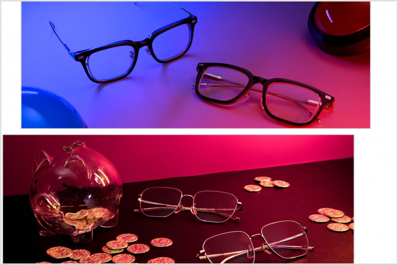 (下)OWNDAYS × 魷魚遊戲「金豬撲滿」款眼鏡(3,490元)。(上)OWNDAYS × 魷魚遊戲「OX」款眼鏡(3,990元)。(圖/品牌提供)