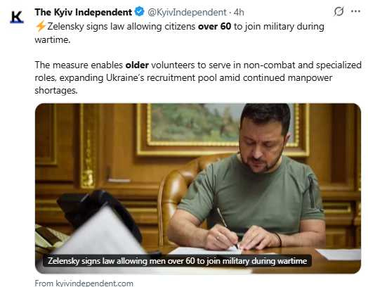 統澤倫斯基簽署新法,擴大軍事合約制度至60歲以上民眾。(圖/翻攝自X)