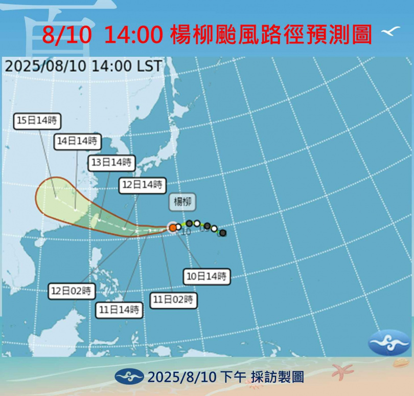 氣象署今天下午2時針對颱風「楊柳」路徑預測圖。(圖/氣象署提供)