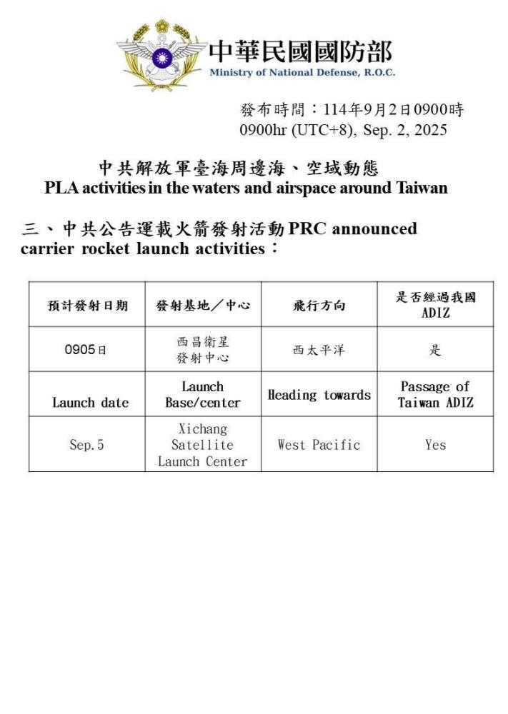 中共預於5日在西昌衛星發射中心,執行運載火箭衛星發射任務。(圖/國防部提供)