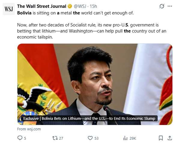 玻國外交部長阿拉馬約近期訪問美國,推動吸引外資與打破中國在鋰礦領域的壟斷。(圖/翻攝自X,@WSJ)