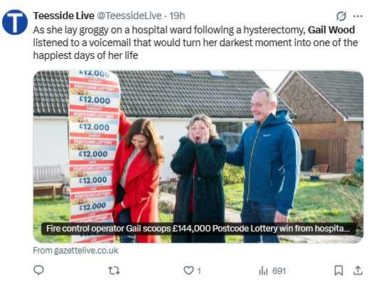 術後剛甦醒的伍德，原本只想報平安，沒想到語音信箱傳來「中獎614萬元」的天大喜訊。（圖／翻攝自X，@TeessideLive）