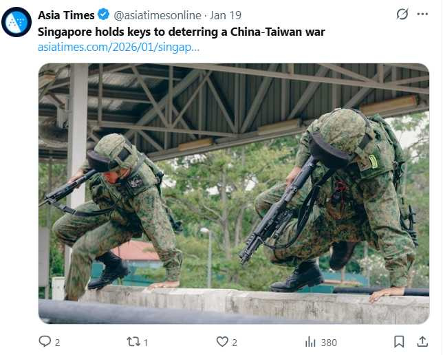 新加坡星光部隊長年來台進行軍事訓練，近期傳出可能調整駐訓安排，引發外界關注。（圖／翻攝自X，@asiatimesonline）
