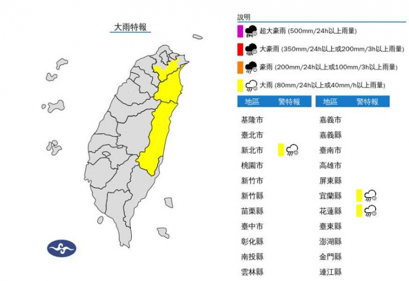 3縣市大雨特報。（圖／氣象署）