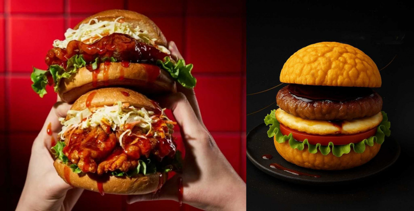 本村炸雞5/28推出「韓式炸雞漢堡買一送一」（左），城市漢堡推新品「黃金菠蘿堡」系列，圖為「厚切牛肉菠蘿堡」。（圖／業者提供）
