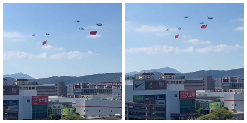 兩架吊掛國旗的CH-47SD直升機在內湖賣場附近盤旋，現場吸引民眾圍觀拍攝。（圖／讀者廖先生授權提供）