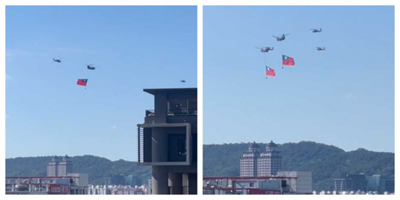 軍直升機群進行國慶空中分列式預演，低空飛越北市區域，場面壯觀。（圖／讀者廖先生授權提供）