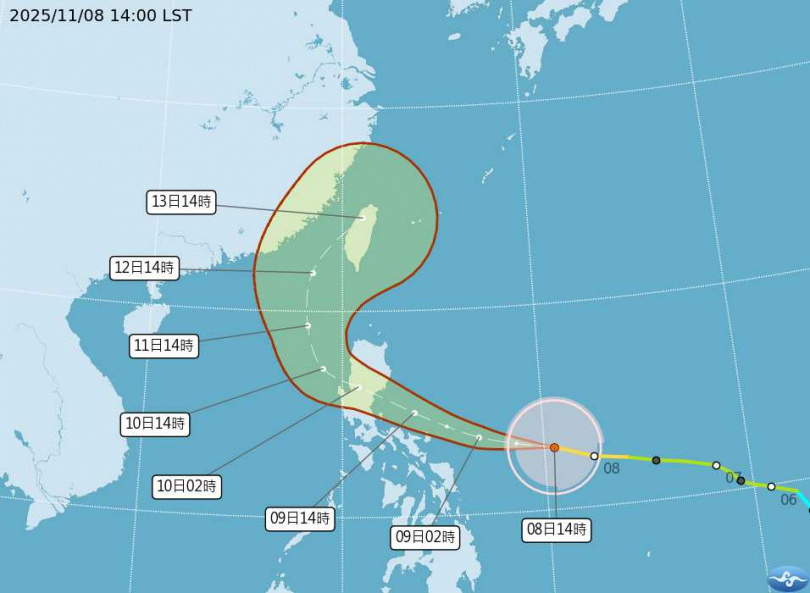 氣象署預測鳳凰颱風將於下週三晚間至週四清晨最接近台灣，不排除登陸西半部，實際路徑仍有變數。（圖／氣象署提供）