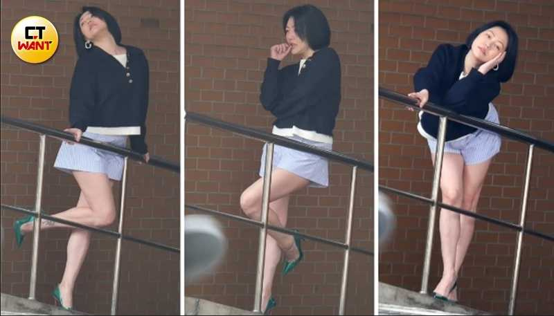 下午近3點，終於見到小S本尊下車拍照，在攝影師引導下，在大樓旁角落拍攝一連串極具她個人風格的性感照片。（圖／本刊攝影組）