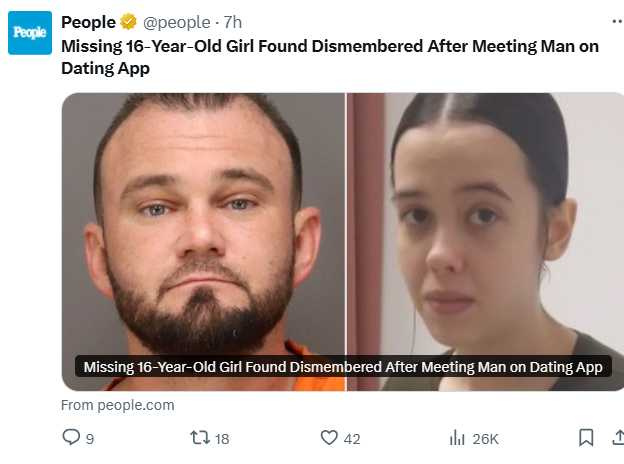 格雷斯（左）與布蘭德斯（右）涉嫌綁架、殺害並肢解網上認識16歲少女。（圖／翻攝自X）