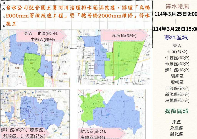 台南市25日上午9點至26日下午3點將有長達30小時停水與水壓降低，共計10區近24萬受到影響。（圖／台南市政府提供）
