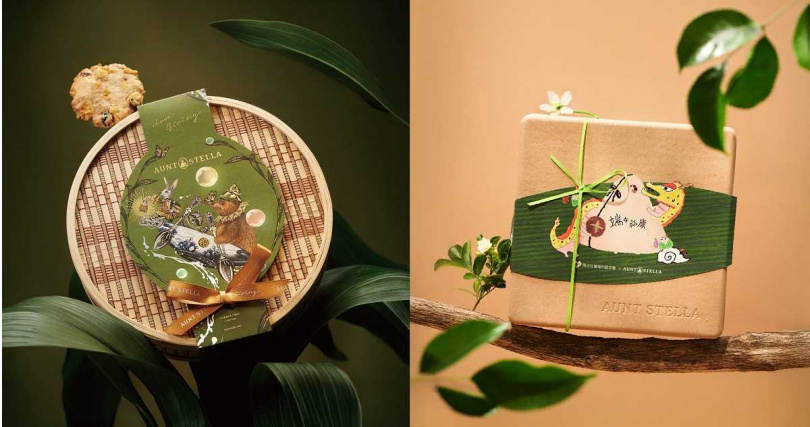 「粽夏織夢」（左，680元）以優雅竹編打造別緻祝福，「和樂龍龍」外盒採用再生紙模與FSC森林認證紙材，印刷使用環保大豆油墨。（860元／餅乾款、1,000元／茶葉款，圖／ Aunt Stella詩特莉提供）