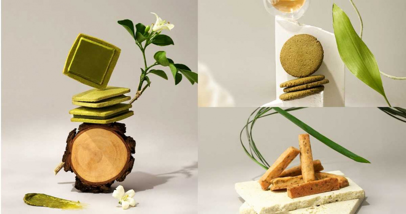 「茉莉茶香奶霜夾心」（左）、「龍潭金萱茶餅乾」（右上）、「宜蘭三星蔥胡椒餅乾」。（ 圖／Aunt Stella詩特莉提供）&nbsp;