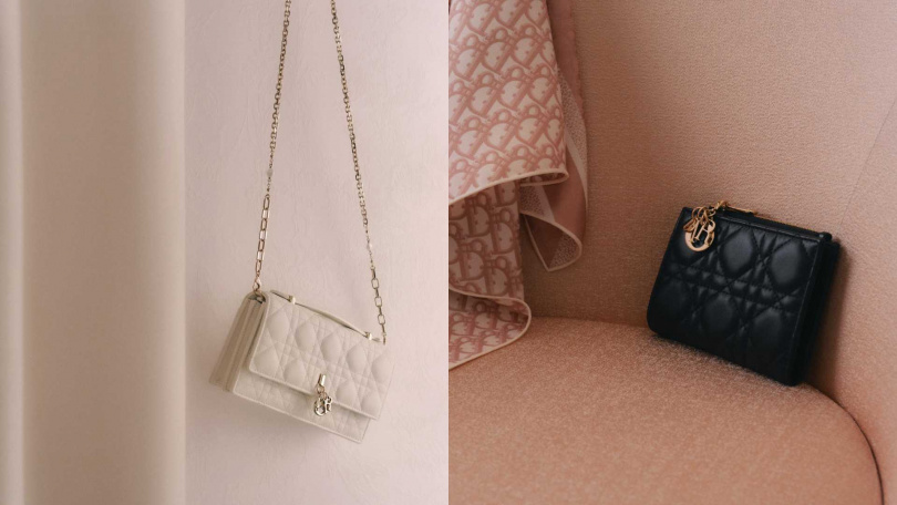 My Dior Top Handle白色籐格紋肩背包／135,000元，Lady Dior Dahlia 黑色籐格紋羊皮錢包／23,000元（圖／品牌提供）