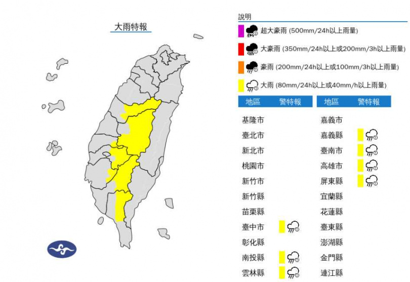 7縣市大雨特報。（圖／氣象署）