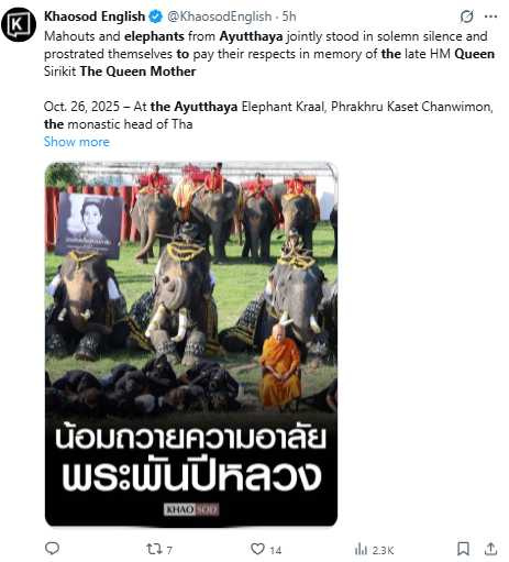 大象背負詩麗吉王太后肖像,頭戴白色花環,以最傳統方式致敬王室。(圖/翻攝自X,@KhaosodEnglish)