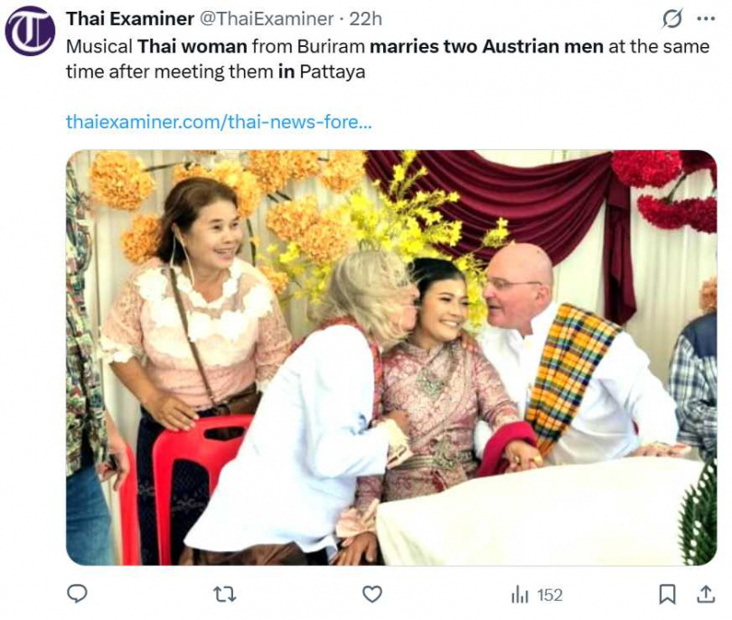 泰國布里蘭府一名女子在婚禮中同時嫁給兩名奧地利男子,三人共同生活的安排引發外界關注。(圖/翻攝自X,@ThaiExaminer)