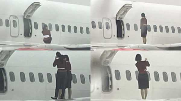 在易斯達航空703航班延誤時，有民眾拍到空服員打開逃生門再爬到機翼上拍照，引發爭議。（圖／翻攝自X）