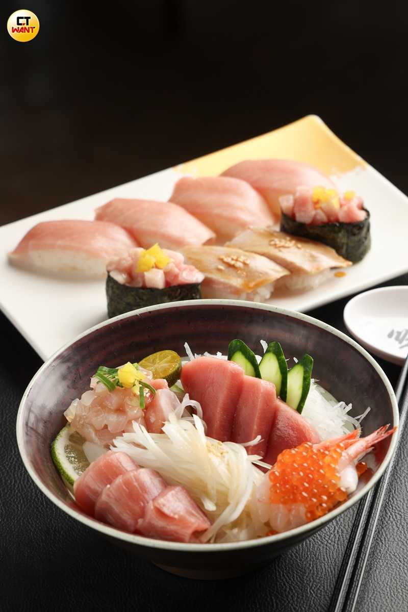 順億人氣品項「極味鮪魚TORO海鮮丼」（前，450元）、以充滿脂香的大腹為主的「鮪盛合細雪」。（600元，圖／林士傑）
