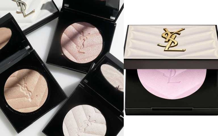 01 任性裸光：溫柔奶白光，如晨光灑落般自然，適合低調高級感裸妝。02 癮誘焦糖：蜜焦糖融入金調，為暖膚色或小麥膚增添柔閃健康氣色。03 透膚玫瑰：玫瑰裸粉色，如晨曦映頰，打造粉嫩濾鏡感的微紅妝容。69 幻境薰紫：冷調薰紫光澤，能提亮眉骨與眼下，增添立體透明感。YSL 恆久完美立體高光餅30g / 2,950元（圖／品牌提供）