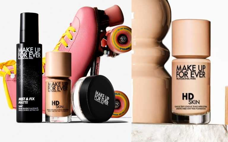 (左)MAKE UP FOR EVER HD SKIN 粉無痕持久粉底液30ml / 1,900元；MAKE UP FOR EVER 超光肌控油定妝噴霧 #黑特霧100ml/1,200元，加購價600元、粉無痕柔霧輕感修片蜜粉。(右)MAKE UP FOR EVER HD SKIN 粉無痕持久粉底液30ml / 1,900元；（圖／品牌提供）