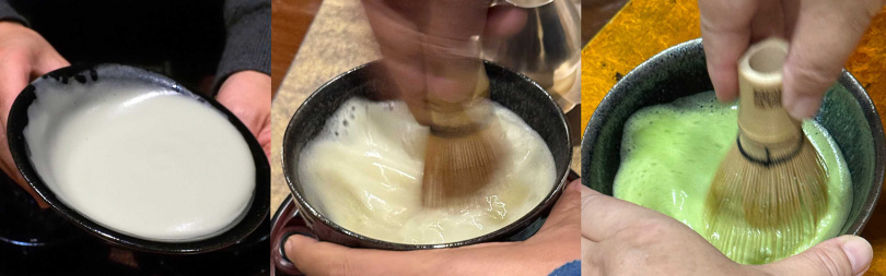 分別以復原的龍團鳳餅（左）、白茶（中）與綠茶（右）研磨後點出的茶湯截然不同。（圖╱吳德亮攝）