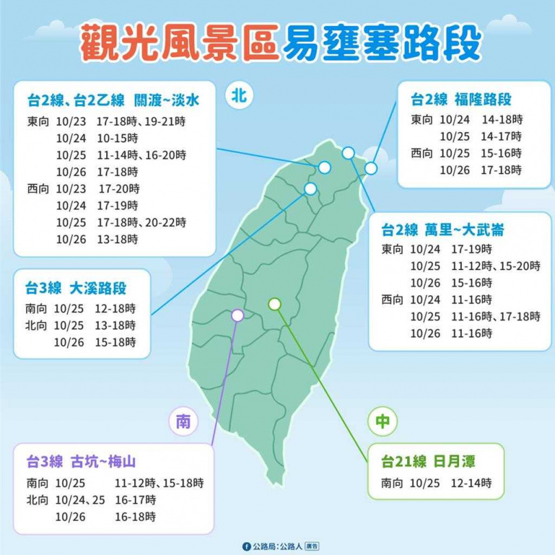 光復節連假觀光風景區易壅塞路段。（圖／公路局提供）