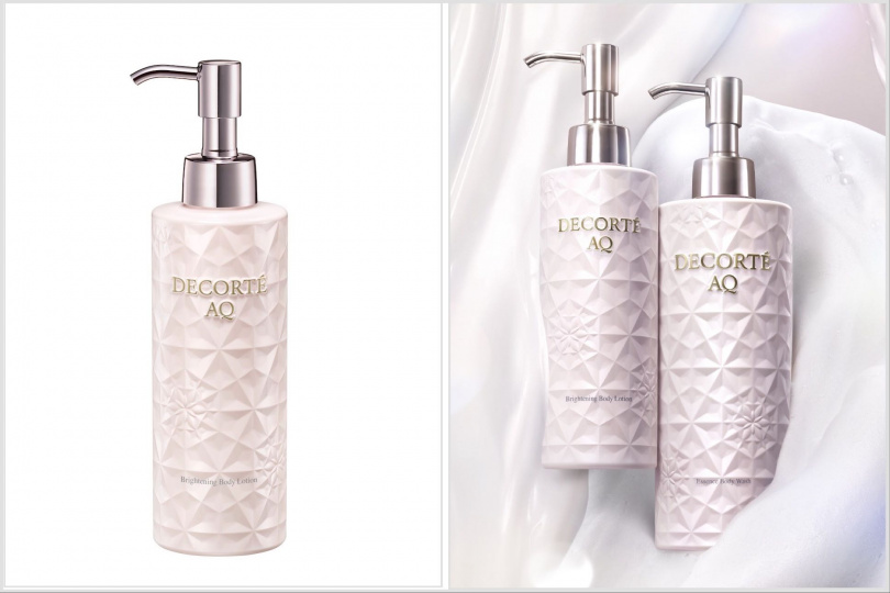 黛珂 AQ 煥妍潤白身體乳 200mL/2,600元,輕盈不黏膩的奢華乳液,將柔光與香氣延續到全身。(右)黛珂AQ沐浴乳和身體乳(圖/品牌提供)