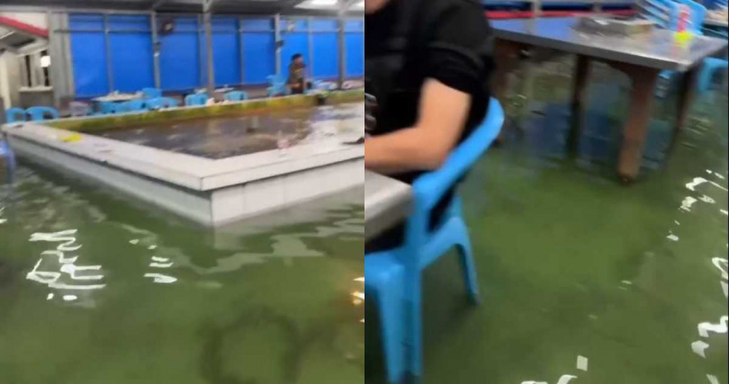 宜蘭釣蝦場淹水，仍有顧客坐在裡面聊天。（圖／翻攝自Threads）