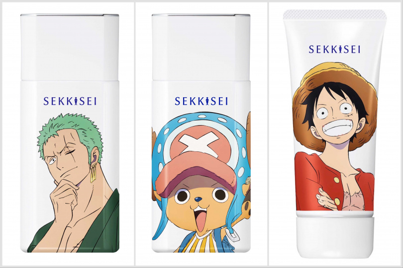 雪肌精輕水感 UV 防曬（航海王聯名版）SPF50+/PA++++ 60g / 750元（由左到右：索隆款 – 雪肌精輕水感 UV 防曬乳，喬巴款 – 雪肌精漾活低敏 UV 全效防禦乳，魯夫款-雪肌精輕水感ＵＶ防曬凝膠）（圖/品牌提供）