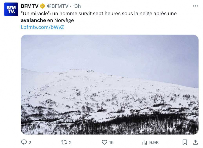 挪威近日發生雪崩，一名外國滑雪客遭掩埋長達7小時後奇蹟獲救，當地專家直呼這種情況幾乎前所未見。（圖／翻攝自X）