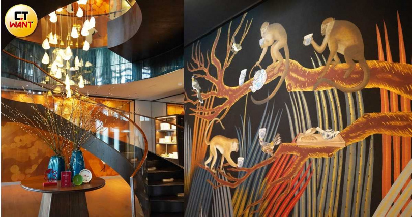 除了1樓通往2樓的迴旋梯十分吸睛（左），空間中常出現的猴子裝飾也是以董事長蔡其建的生肖為靈感而來的創作。（圖／魏妤靜攝）