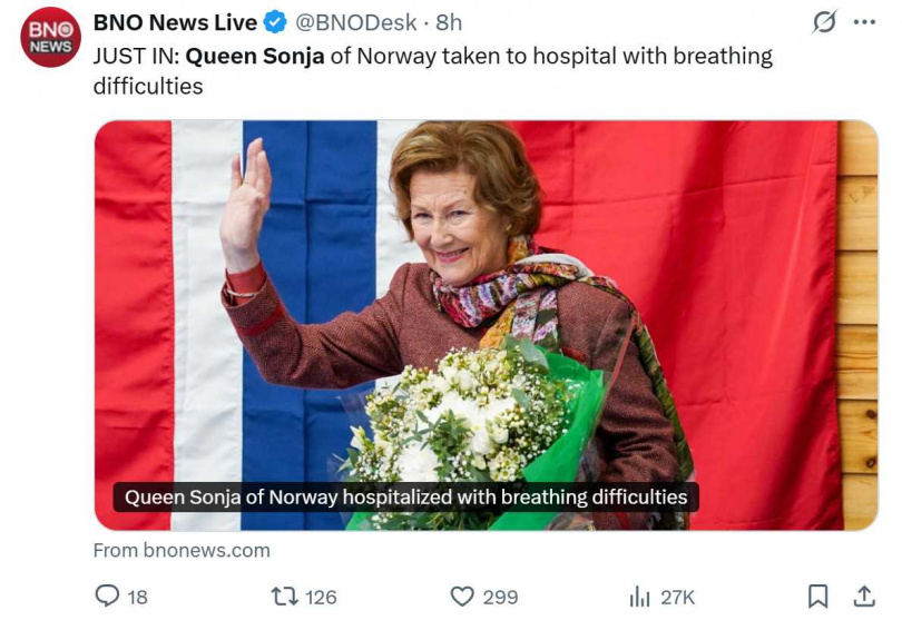 挪威87歲宋雅王后因呼吸困難送醫。（圖／翻攝自X）