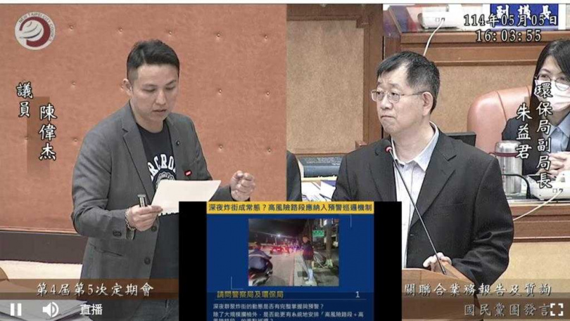 新北市議員陳偉杰今（5）日在新北市議會質詢提到，北海岸地區及淡海新市鎮近日深夜噪音車問題頻傳，十分擾民，新北市警察局及環保局回應，會進行聯合專案會議為噪音防制尋求強力作為。（圖／翻攝畫面）