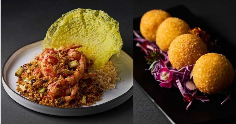 具有蒜香但鹹度節制、不厚重的「避風塘炒軟殼龍蝦」（左，2,280元）適合搭配白粥享用，右為餐前小菜「麻辣煙燻牛肉球」。（480元，圖／捌伍添第提供）