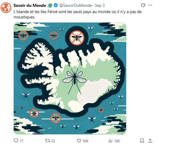 專家預測，即便氣候變遷影響擴大，冰島至2080年仍屬登革熱等病媒蚊傳播的低風險地區。（圖／翻攝自X，@SavoirDuMonde）