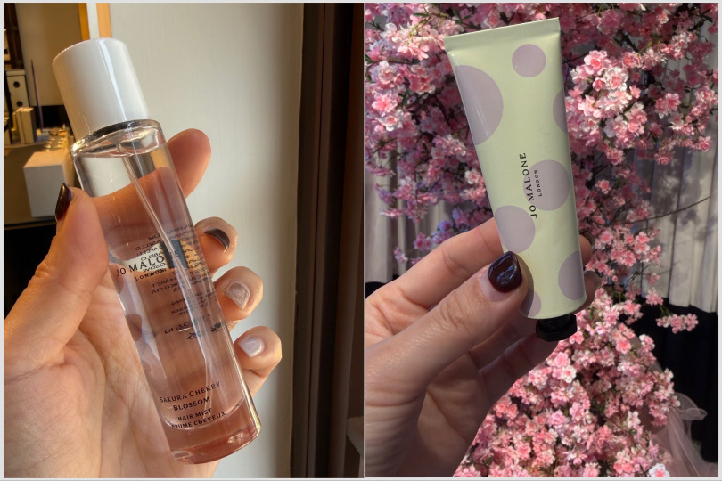 Jo Malone London櫻花限量版髮香噴霧30ml / 2,100元、櫻花限量版護手霜30ml / 950元。（圖／黃筱婷攝）