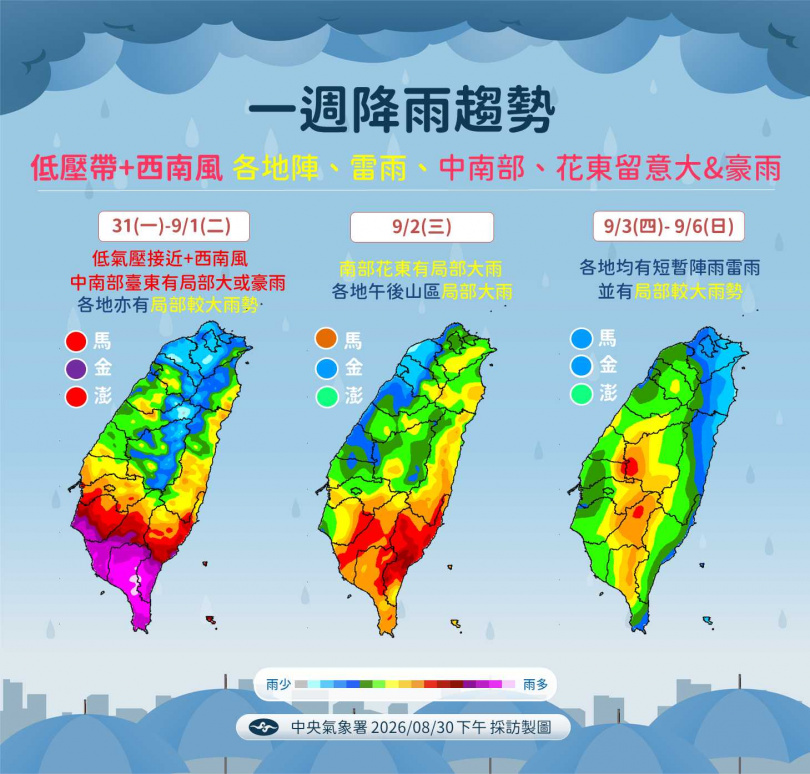南海北部低氣壓接近並帶動西南風增強,明、後天將是未來一周天氣最不穩定的階段,南部須防局部豪雨。(圖/氣象署提供)
