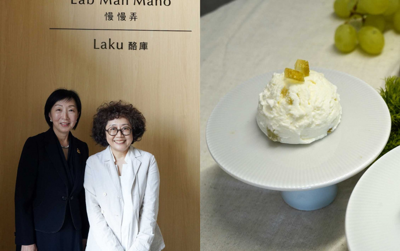 台灣起司專門協會理事長陳淑惠（左圖右）與日本NPO法人起司專業協會會長坂上あき合作，將導入「起司專業認證」，右為慢慢弄推出加了糖漬柚子皮的白乳酪。（圖／魏妤靜攝）