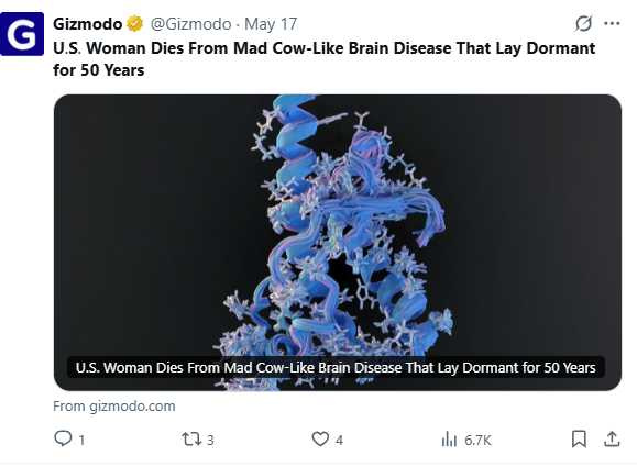 美國一名58歲女子驚傳因罹患罕見致命腦病病逝，醫師研判病因竟與她童年時期接受的「生長激素注射」有關，且潛伏期竟然長達超過半世紀！（圖／翻攝自X）