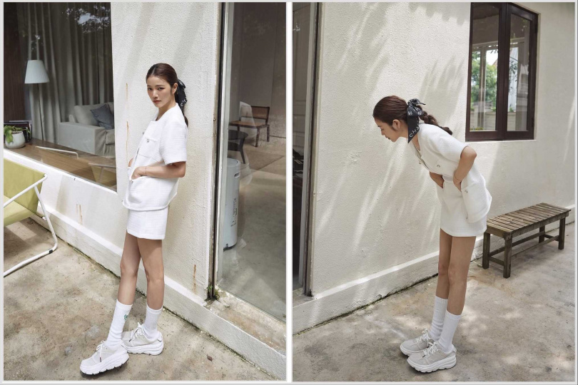 這款白色短裙穿搭也絕美無敵!尤其是高筒襪一上身線條好長阿!LOVFEE × LURE HS 白色套裝、HOKA 運動鞋。(圖/許路兒 ig)
