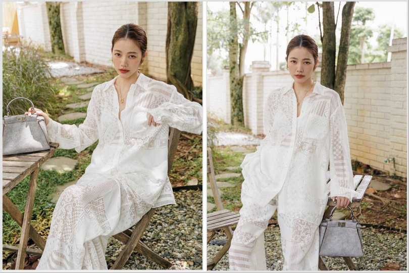 FENDI 2025夏季限定系列雕花套裝,搭配FENDI Peekaboo灰色手提包(圖/許路兒 ig)